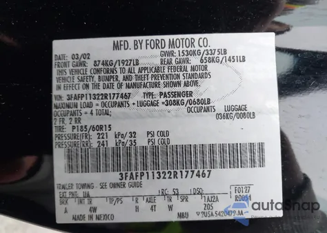 2002 Ford Escort Zx2 z USA, uszkodzony, nr VIN 3FAFP11322R177467